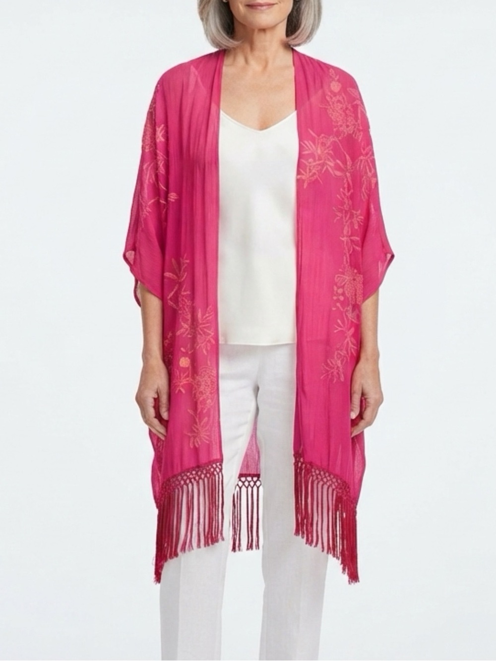 Chico’s Pink Floral Embroidered Fringe Kimono Jacket OS